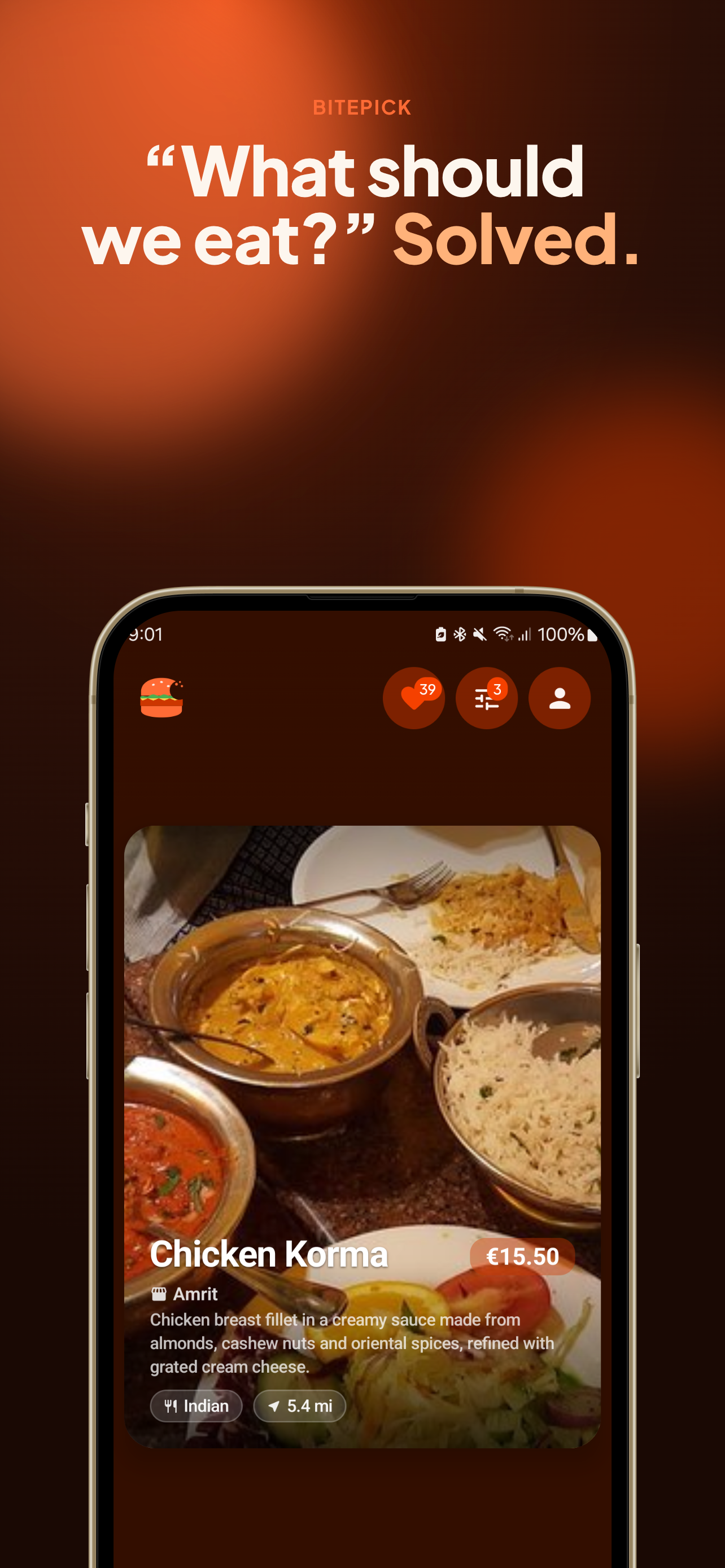 BitePick swipe feed showing a Chicken Korma dish card with price, distance, and cuisine