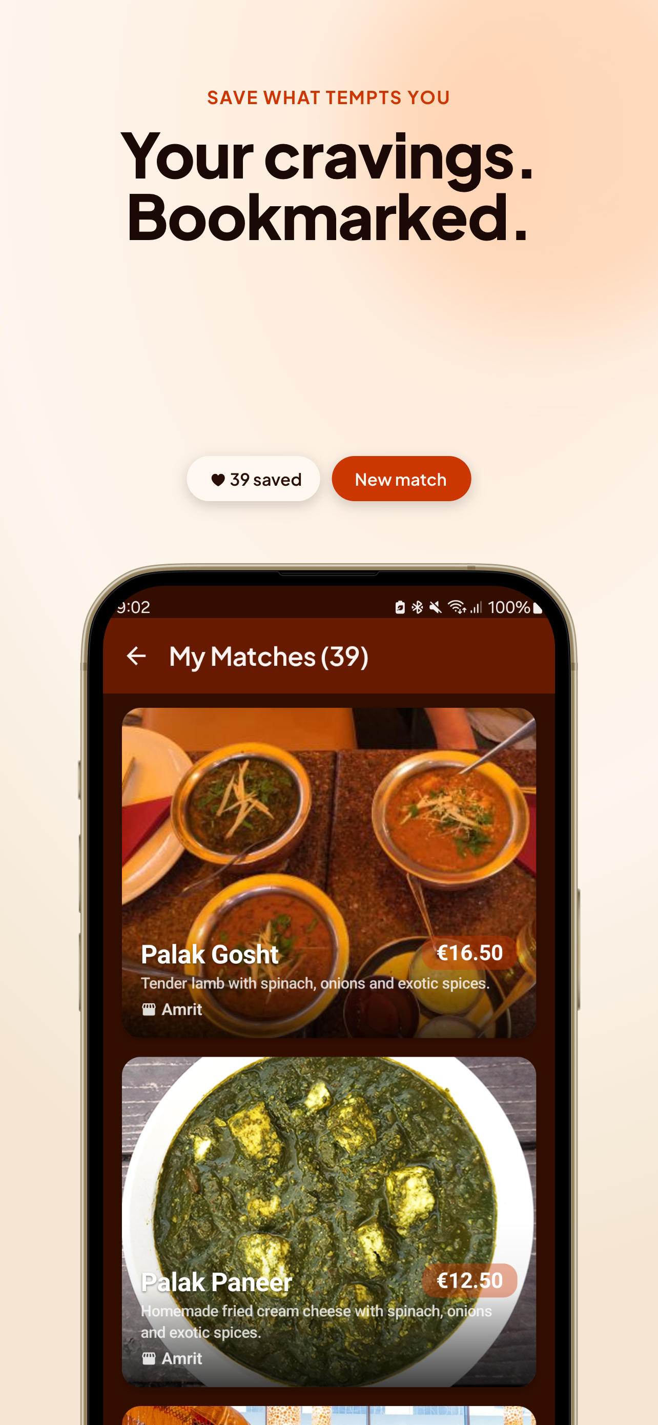 BitePick My Matches screen listing saved dishes with photos and prices