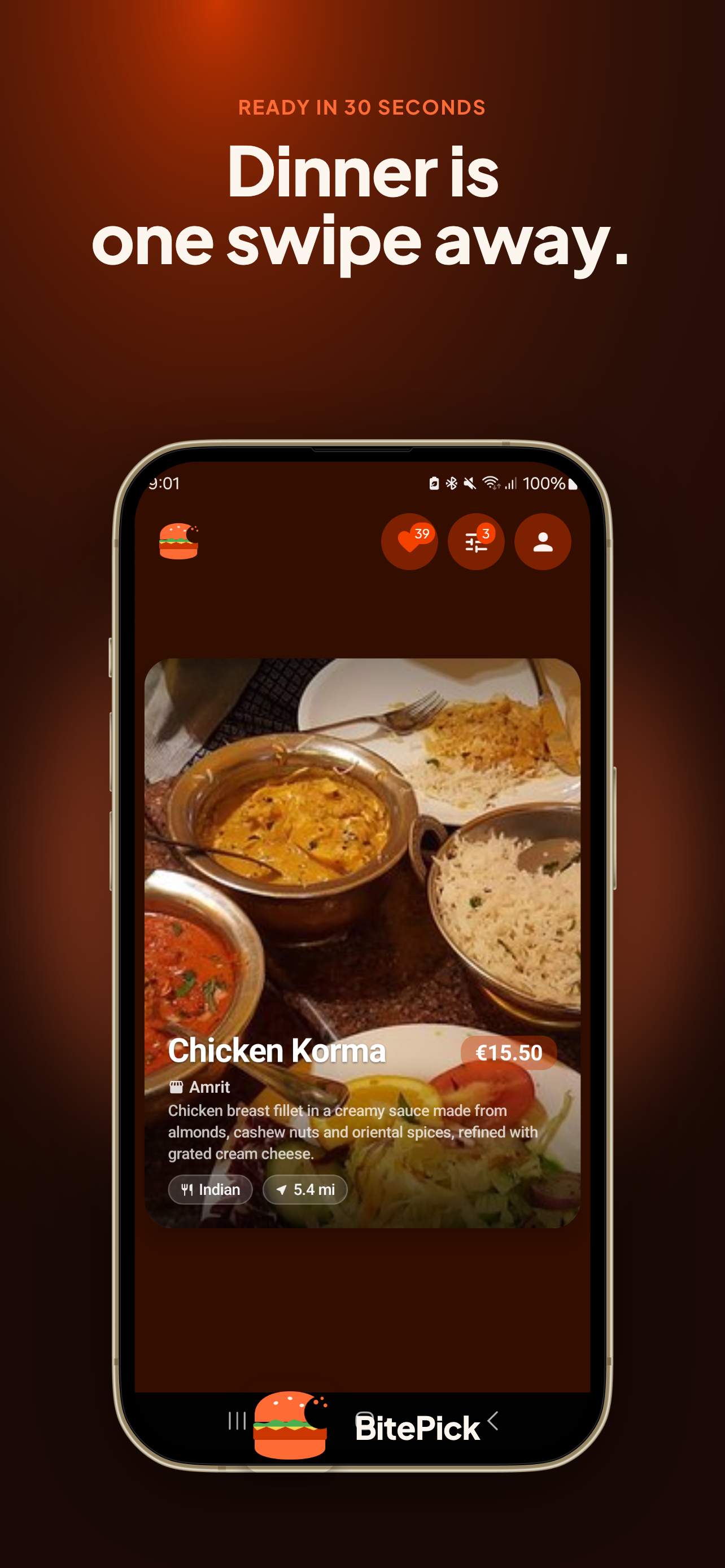 BitePick swipe feed card with the BitePick brand lockup at the bottom